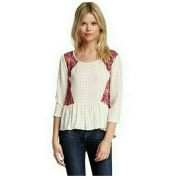 Free People Cream & Burgundy Gauzy Floral Boho Peplum Top size XS - Picture 14 of 14